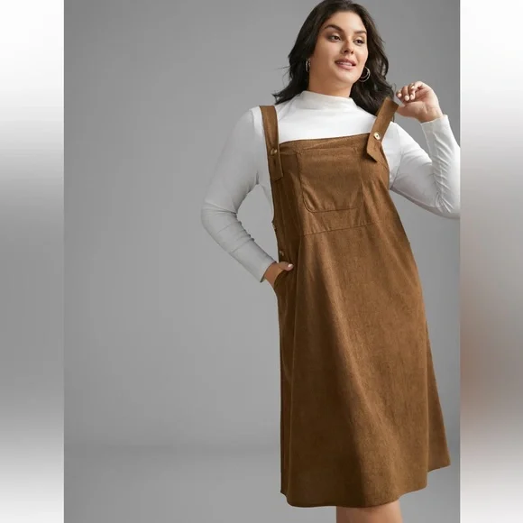 NWT BloomChic Brown Corduroy Patched Pocket Button Detail Dress | Plus 22–24 - Picture 2 of 9